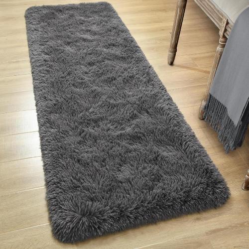 Fluffy Runner Rugs for Bedroom Aesthetic 2x6 Shag Soft Bedside Rug | Fuzzy Plush Carpet for Room Hallway Rug with Non-Slip Bottom for Nursery Dorm Indoor Home Decor, Dark Grey