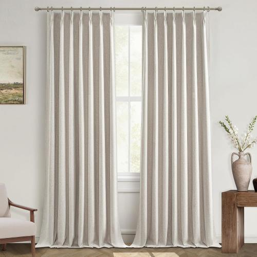 Natural Linen Pinch Pleated Blackout Curtains & Drapes 96 Inch Long Bedroom/Livingroom Farmhouse Curtains 2 Panel Sets, Neutral Track Room Darkening Thermal Insulated 8ft Back Tab Window Curtain