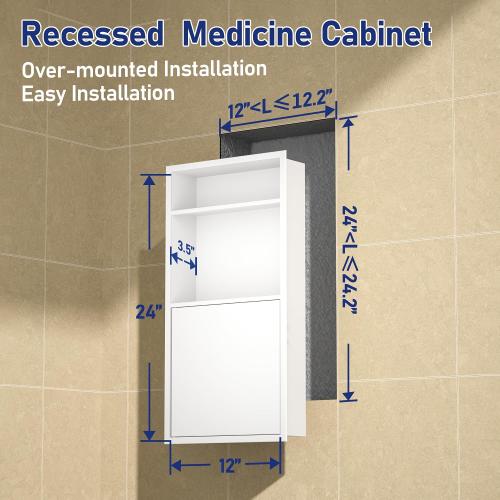 Recessed Medicine Cabinet with Door 24 X 12 White Wall Niche | Recessed wall niche w/ 3-tier shelf,space-saving,wall cabinet,dropped-in design,304 stainless steel,large storage
