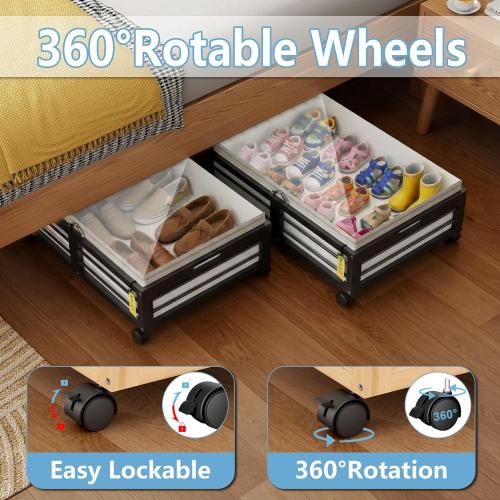 Under Bed Storage Containers with Wheels, Larger Bamboo Wood Under Furniture Storage Containers with Dust Bags，Rolling for Shoes Clothes