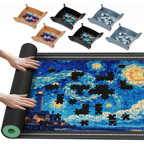 Black 48.4x30.7 Lwoeo Jigsaw Puzzle Mat Roll Up 2000 Pieces, Black 48.4” x 30.7” Smooth Top Saver Pad, Large Puzzel Matt Rollup with 6 Sorting Trays & Travel Storage Bag for Sorting Table, Board, Puzzles Mats