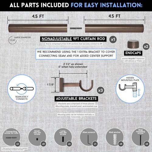 BlastHome® Non-Adjustable Luxury Curtain Rods for Windows, 1 ¼” Rod Set, 9 foot Fixed Length (Two Rods Connect for a Seamless Look), Oil Rubbed Bronze