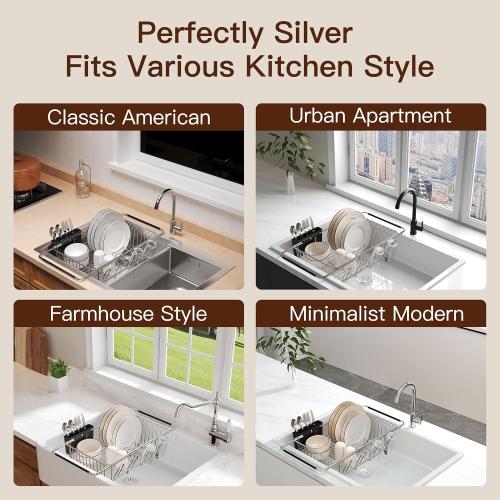 Over the Sink Expandable Dish Drainer Drying Rack In Stainless Steel for Small Kitchen, Counter Space Saving Modern Compact Metal Above Plate Dryer Strainer, Adjustable Hanging Inside Drain Holder