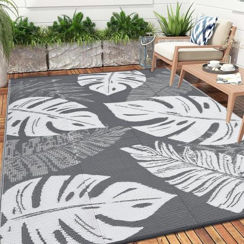Outdoor Rug Waterproof 8x10 Reversible Outdoor Plastic Straw Rug Modern Palm Leaves Patio Rug Indoor Outdoor Mat RV Mat Outside for Patio Camp Balcony Deck Picnic, Grey and White