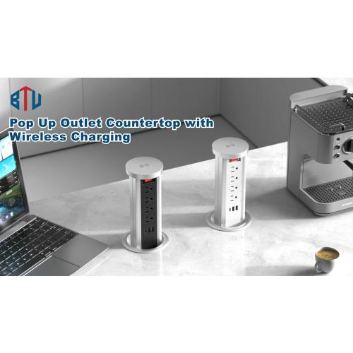BTU Pop Up Outlet for Countertop, 4 Inch Hole Receptacle Power Strip with USB C & 4 AC Outlet, Pull Popup Outlet Recessed Power Socket with 10W Wireless Charger for Kitchen Conference Office