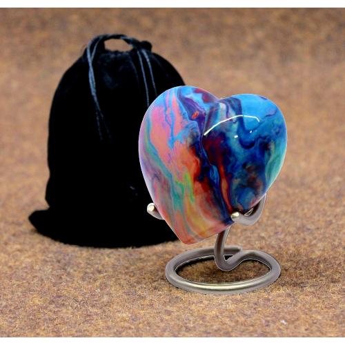 eSplanade Metal Mini Cremation Urn Heart-Shaped Keepsake Memorial Jar Pot Container | Small Urn for Funeral Ashes Burial | Wave Textured Metal Keepsake with Stand | Multicolor - 2.75 Inches