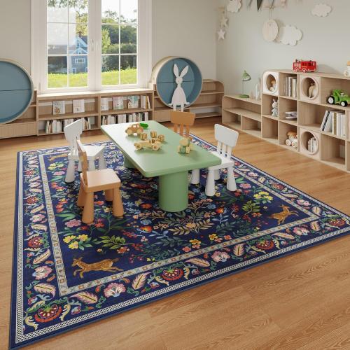 Rugcomf Area Rugs for Living Room Washable Rug Floral Non-Slip Large Rug for Living Room, Bedroom, Farmhouse, Dining Room, Kids Playroom(Blue)