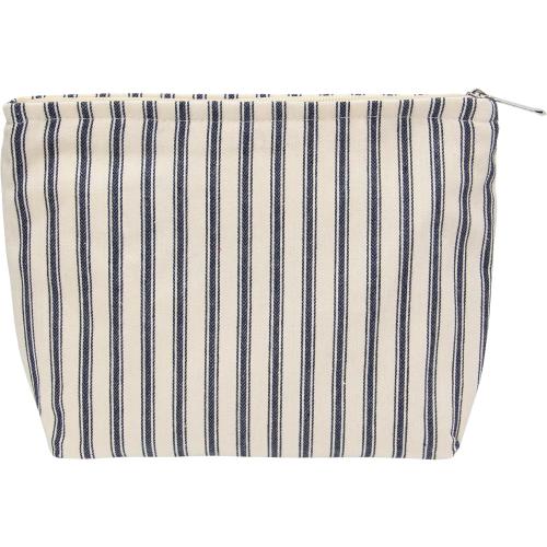 Flat Makeup Bag for Women,Zipper Cosmetic Pouch,Vintage Stripe Navy Blue