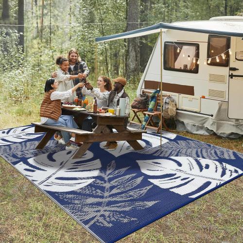 Patio Modern Leaf Print Outdoor Rug  Waterproof Large Reversible Camping Mat Foldable Lightweight Plastic Straw Outdoor Rug for Deck, Picnic, Porch, Balcony, Beach, Rv，Navy/White
