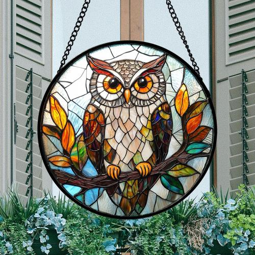 DASTOLL Stained Glass Window Hanging, Owl Colorful Leaves Birds Sun Catchers Diamond Glass Panel Hangings Suncatcher Decor for Birthday for Women, Men, Wife, Aunt, and Mom 14.9x14.9 in