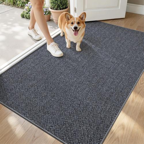 LUMI Ultra Thin Indoor Door Mat for Entrance 36x56, Non Slip Entryway Mat, Low Profile Doormat, Unique Herringbone Design Carpet for Inside, Patio, Porch, Medium Gray