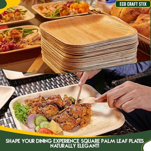 Eco Craft Stix 10 inch Square Palm Leaf Plates. Eco Friendly Dinnerware. Pack of 80  Plates. Eco-Friendly and Compostable Palm Plates. Sturdy and Durable
