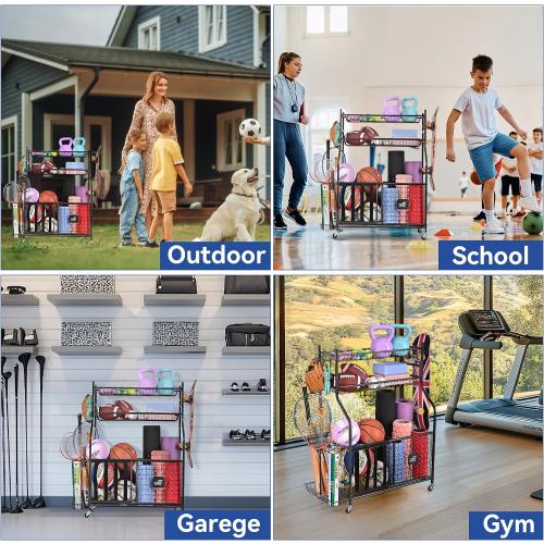 Mythinglogic Garage Sports Equipment Organizer, Baseball Storage Large Capacity, Sports Organizer for Garage with Hooks and Baskets, Ball Storage Rack for Football, Soccer Ball, Bat, Toys