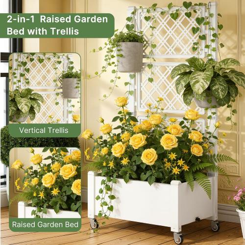 Miory 60 Raised Garden Bed with Trellis & Wheels, Vertical Gardening Planter Box with Water Level Indicator and Drainage System for Garden Outdoor Patio Balcony