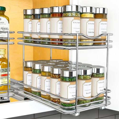 LYNK PROFESSIONAL® Pull Out Spice Rack Organizer for Inside Kitchen Cabinets - 6-3/8 inch Wide - Slide Out Drawer – Chrome Sliding Spice Organization for cabinet - Spice Racks - 2 Tier