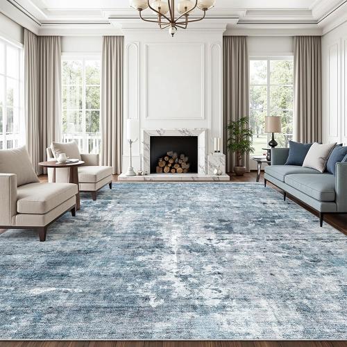 10x14 Area Rugs for Living Room, Non Slip Machine Washable Vintage Rugs, Low Pile Lightweight Large Rug for Bedroom, Dining Room, Home Office Blue