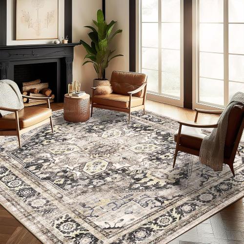 CHAMPLANT Washable Area Rug 8'x10' Black-Purple Khaki Retro Boho Design Non-Shedding Non-Slip Easy Care Ideal for High Traffic Areas in Living Room Bedroom Office Coffee Table Kitchen Large Carpet