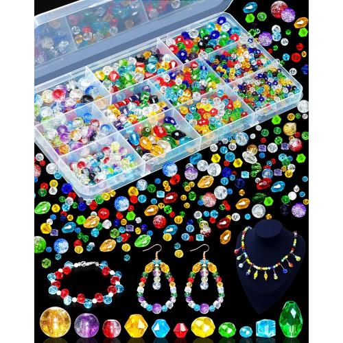 1076PCS FIVEIZERO Crystal Glass Beads for Jewelry Making, Assorted Rainbow Crackle, Faceted, Bicone and Teardrop Beads for Bracelets, Suncatchers and DIY Crafts