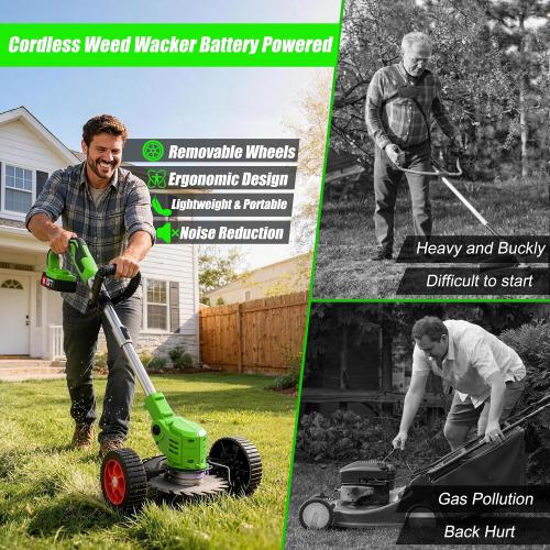 Cordless Weed Wacker Electric Eater Battery Powered Stringless Weed Trimmer 4-in-1 Grass Trimmer/Brush Cutter/Lawn Edger/Mower Lightweight Garden Tool with 4 Types Blades & Wheels for Garden Yard