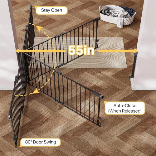 Cumbor 35.1–55 No Bottom Bar Baby Gate for Stairs, 2-in-1 Auto Close Dog Gate Indoor, Hardware Mounted Wide Pet Gate for Doorways with Large Walk Thru Door, Child-Proof Safety Gate for Kids (Black)