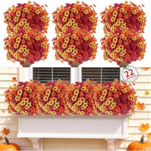 Powbrace 22 Pack Artificial Fall Flowers Mums for Outdoor Indoor(Fall Mix) | Fake Mums Plants Faux Fall Silk Flowers for Outdoors Outside Front Porch Hanging Planter Window Box Garden Fall Decoration