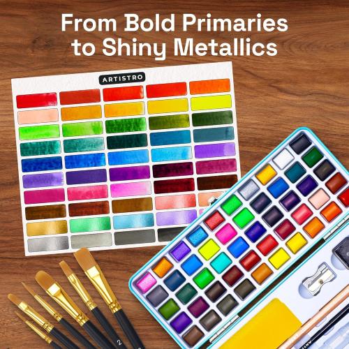 ARTISTRO 50 Color Watercolor Paint Set - Portable Paint Art Kit with Palette and Brush Pens - Travel Water Color Set for Adults, Professionals, Kids - Art and Painting Supplies - Gift Idea