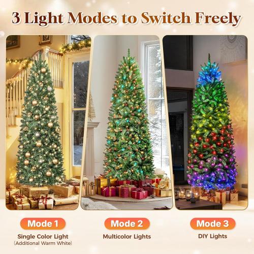 HOLLO STAR 6 ft Prelit Christmas Tree with 247 LED Lights, App Control, Artificial Pencil Christmas Tree with Multi-Color RGBW Lights, 715 Branch Tips, Skinny Xmas Tree, Metal Base, for Home, Party