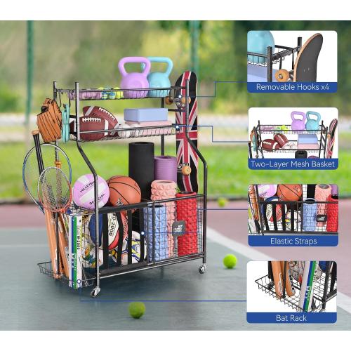 Mythinglogic Garage Sports Equipment Organizer, Baseball Storage Large Capacity, Sports Organizer for Garage with Hooks and Baskets, Ball Storage Rack for Football, Soccer Ball, Bat, Toys