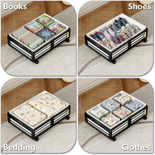 Under Bed Storage Containers with Wheels, Larger Bamboo Wood Under Furniture Storage Containers with Dust Bags，Rolling for Shoes Clothes
