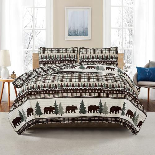 Market & Place 3 Piece Reversible Quilt Set with Shams | All-Season Soft & Lightweight Bedspread | Rustic Lodge Cabin Printed Plaid Design | Cedar Creek Collection (Full/Queen, Chocolate/Green)