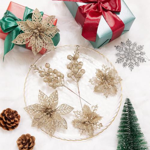 Zhuqing 22Pcs Christmas Poinsettia Artificial Flowers and Glitter Berries Stems Kit, 16Pcs Christmas Tree Flowers Ornaments and 6 Pack Christmas Tree Picks for Wedding Holiday Decorations (Champagne)