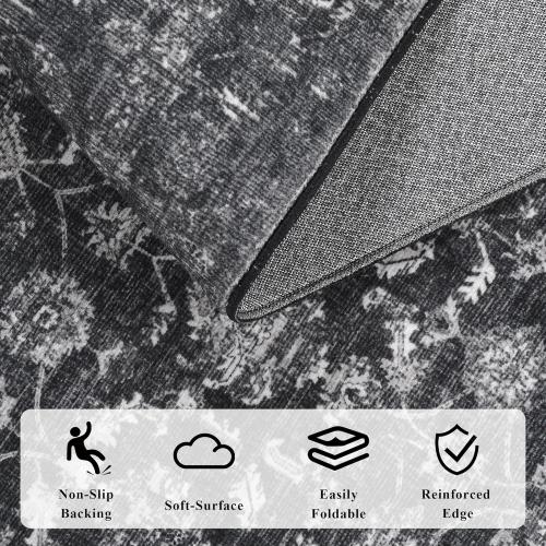 Washable Area Rug 2.6x8 Black Runner Rugs for Living Room, Vintage Boho Hallway Large Rug for Bedroom Dining Room Office, Distressed Floral Carpet for Under Table, Soft Non Slip Low Pile Throw Carpet