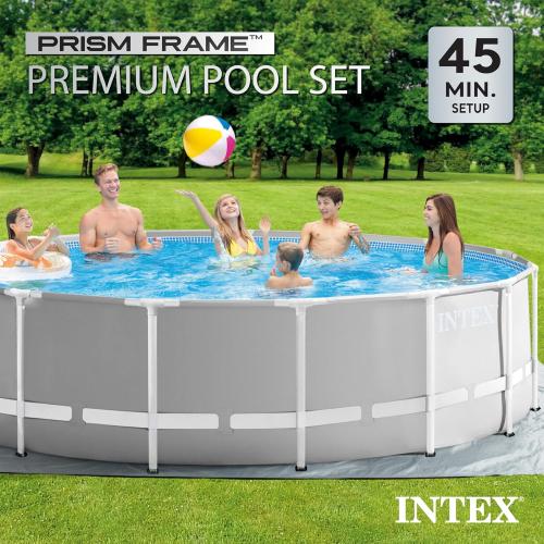 Intex Prism Frame 15' x 48 Above Ground Swimming Pool Set with Filter Pump, Ladder, Pool Cover, and Maintenance Pool Cleaning Kit with Vacuum Skimmer