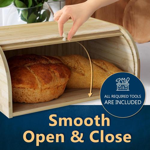 Light brown 15x9.8 Bamboo Bread Box Space Saving Rustic Roll-Top Bread Bin for Countertop - Store Bread Cake and Baked Goods - 15 x 9.8 inches (Sliding door)