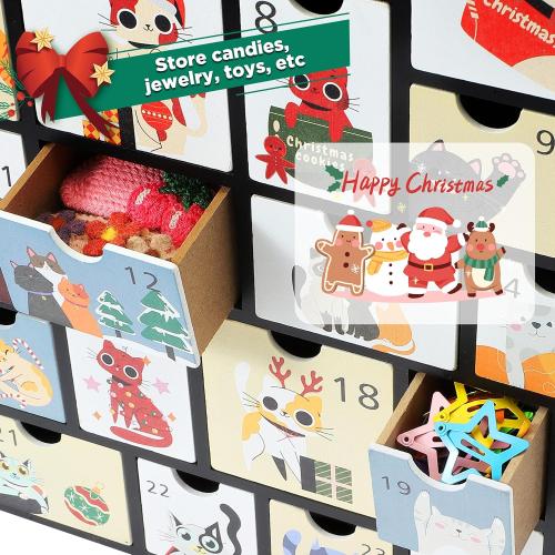 SUNGIFT Wooden Advent Calendar with Drawers - Refillable Christmas Countdown Calendar with Cute Cat Design for Gifts