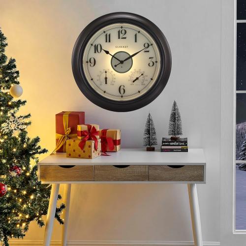 CLXEAST Illuminated Indoor Outdoor Clocks Waterproof 18 inch with Smart Night Light Sensor,Large Wall Clock with Thermometer & Hygrometer,Oil Rubbed Bronze Black,House Warming Gifts New Home