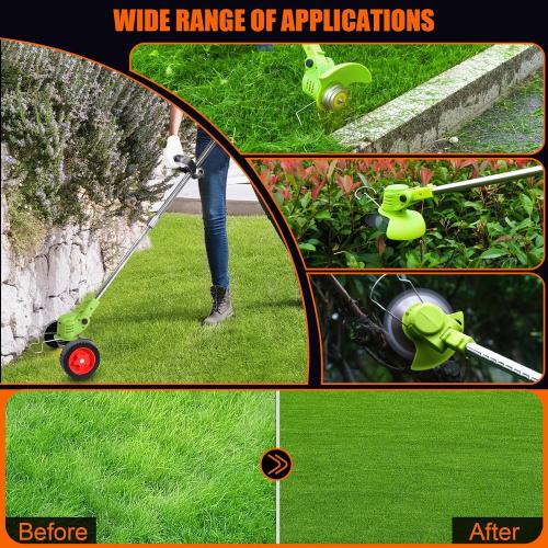Electric Weed Wacker Cordless with Wheels, 2pcs Batteries&4 Types Blades,Lightweight, Low Noise Weed Trimmer 21V stringless Weed Wacker, Grass Trimmer/Brush Cutter/Edger, for Thick Weeds&Yard Garden ❗MAY HAVE MISSING PIECES/NEEDS CLEANING❗