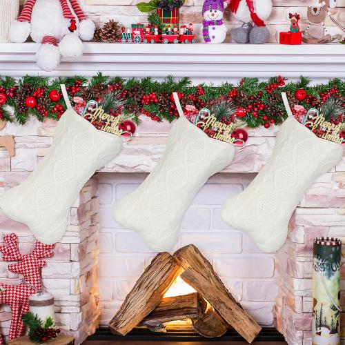 Dog Stockings Christmas Red Knit Christmas Stockings for Dogs Large Bone Shaped Hanging Xmas Stocking for Dogs Cats Pets (White)