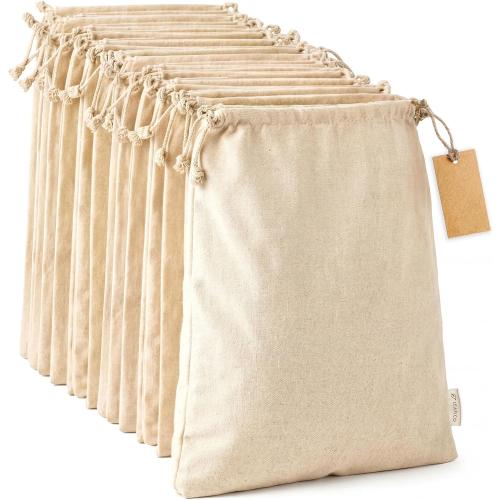 LEAFICO Multipurpose Eco Cloth Bags - Large 10x12 Inch (12 Pack) - Cotton Produce Storage Sacks - Muslin Drawstring Pouches for Vegetables - Bread Bags - Fabric Sachets
