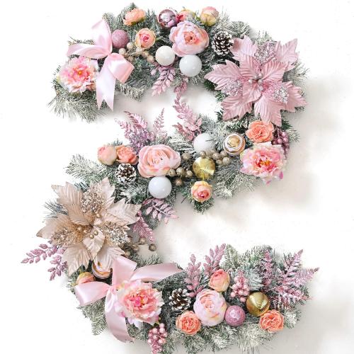 Waipfaru 6FT Christmas Garland with Lights, Pink Christmas Decor, Rose Gold Lighted Flocked Garland with Flower, Berries, Balls, Pinecone, Pink Garlands for Mantle Table Stairs Indoor Outdoor Decor