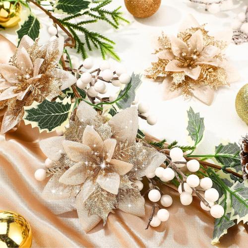 Glitter Christmas Poinsettia Artificial Xmas Flower Ornaments Flowers Decorations with Clips and Stems Glitter Poinsettia Christmas Tree Ornaments for Christmas Wedding (Champaign Gold,36 Pieces)