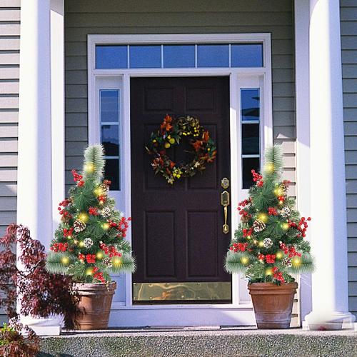 Lulu Home 2 Pack 2 Ft Pre-Lit Pathway Christmas Trees with Stake, Battery Operated 60 LED Lighted Small Christmas Trees Yard Stake Outdoor Decoration with Red Berries, Red Balls, Pine Cones