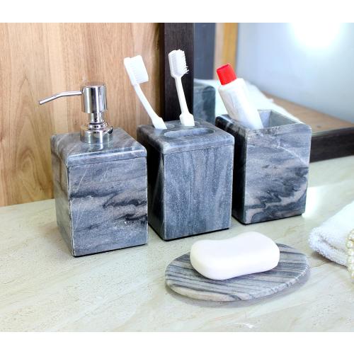 Bathroom Accessory Set Made from Natural Stone - Bath Accessories Set of 4 Includes Soap Dispenser, Toothbrush Holder, Tumbler and Soap Dish (Black)
