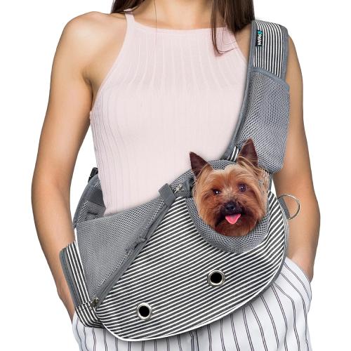 PetAmi Dog Sling Carrier for Small Dogs, Puppy Carrier Sling Purse, Dog Bags For Traveling, Carrying Bag to Wear Medium Cat, Adjustable Crossbody Pet Travel Poop Bag Dispenser, Max 5 lbs, Stripe Black