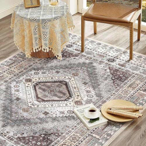 9x12 Rugs for Living Room: Washable Boho Large Neutral Vintage Soft Area Rug Indoor Stain Resistant Non-Slip Carpet for Bedroom Dining Room Playroom Office Home Decor- Brown Grey