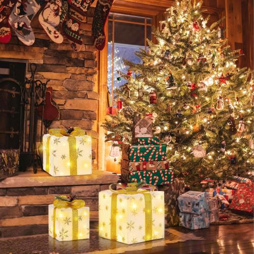 Set of 3 Christmas Lighted Gift Boxes, Plush Pre-lit 70 LED Light Up Present Boxes with Gold Snowflake, Battery Operated Christmas Decorations for Indoor Home, Housen Solutions