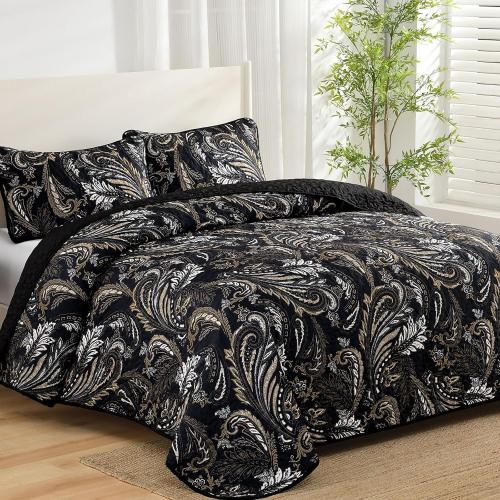 WONGS BEDDING Boho Quilt Set Queen,Black Paisley Floral Pattern Bedspread Coverlet Set with 2 Pillowcases,3 Piece Lightweight Microfiber Bohemian Quilt Bedding Set 96×90
