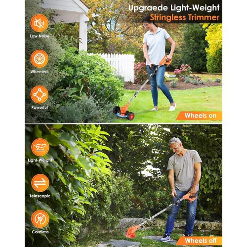 21V Cordless Weed Wacker, Lightweight 3-in-1 Grass Trimmer/Brush Cutter/Edger, Battery Powered Weed Eater with 2×2.0Ah Batteries, Foldable Electric Lawn Mower, 2 Types Blade & Wheels for Garden Yard