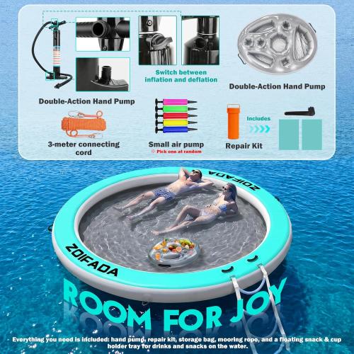 Inflatable Water Hammock Round Floating Ring,8/10/12FT Heavy Duty Pool Float for Adults,Inflatable Tanning Pool Float Island Dock for Lake/River/Ocean,w/Cup Holder,10FT&12FT Include 4-Step Soft Ladder
