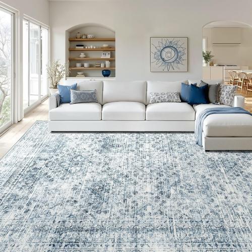 MIULEE 8x10 Vintage Washable Area Rugs Living Room Rug Low Pile Boho Farmhouse Floor Mat for Bedroom Dining Room Under Kitchen Table, Non-Slip Stain Resistant Soft Large Carpet for Home Decor, Blue